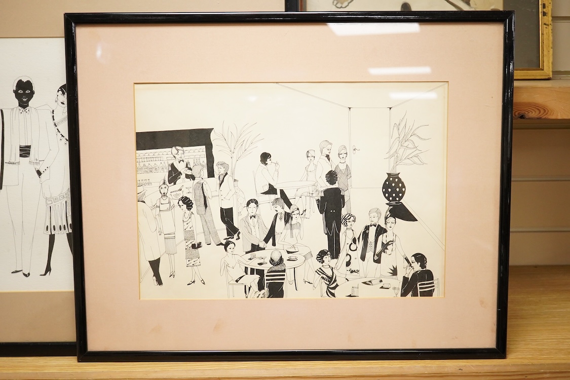 Art Deco style, fashion illustration and bar scene, one monogrammed and dated ‘81, two pen and inks, largest 34 x 45cm